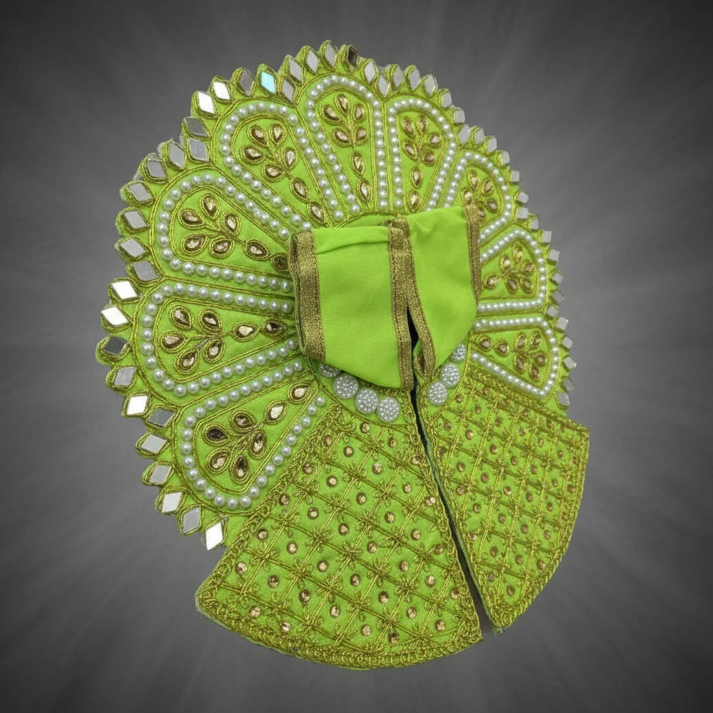 Green Laddu Gopal Poshak with Heavy Zari, Pearl & Mirror Work