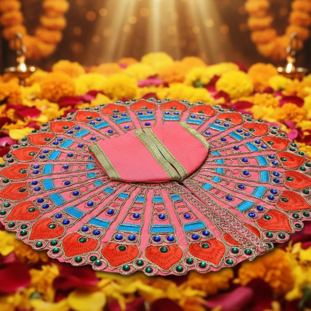 Pink & Orange Peacock Embroidered Laddu Gopal Ji Poshak