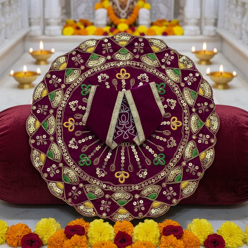 Maroon Heavy Sequin Work Laddu Gopal Poshak with Velvet Fabric Belt | Designer Embroidered Dress