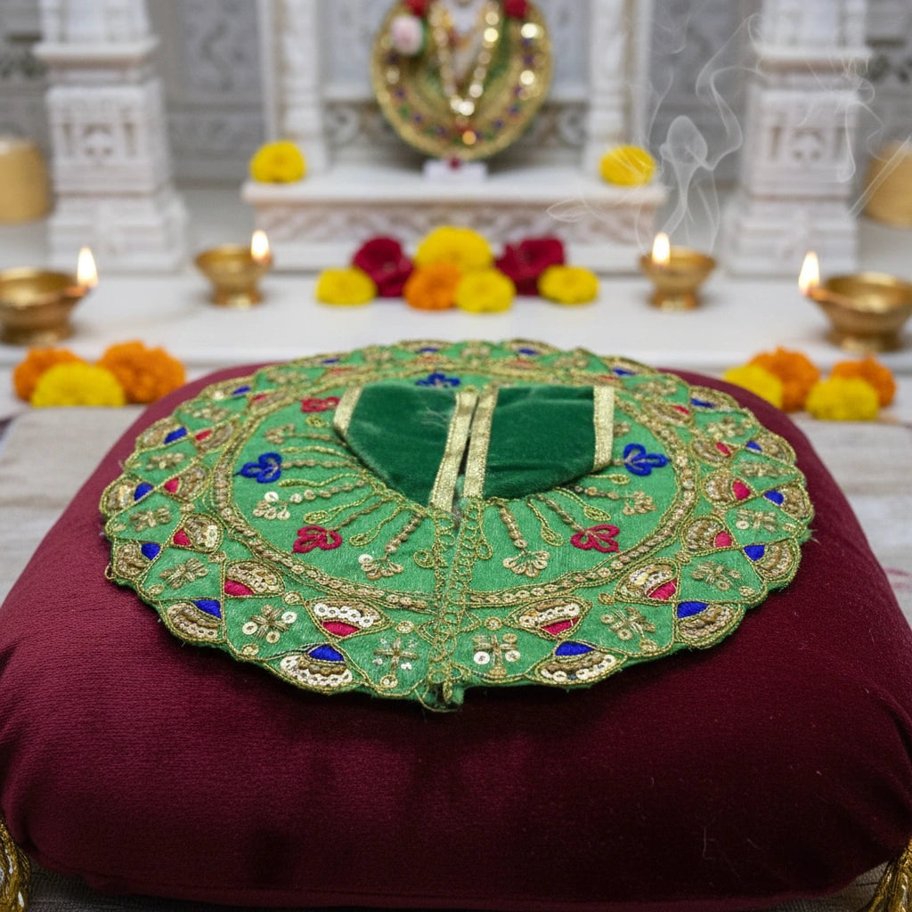 Green Sequin Work Laddu Gopal Poshak with Velvet Fabric | Heavy Embroidered Designer Dress