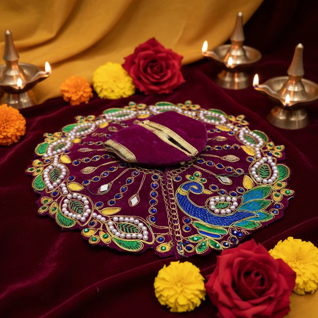 Maroon Designer Peacock Velvet Poshak for Thakur Ji – Heavy Embroidered Dress