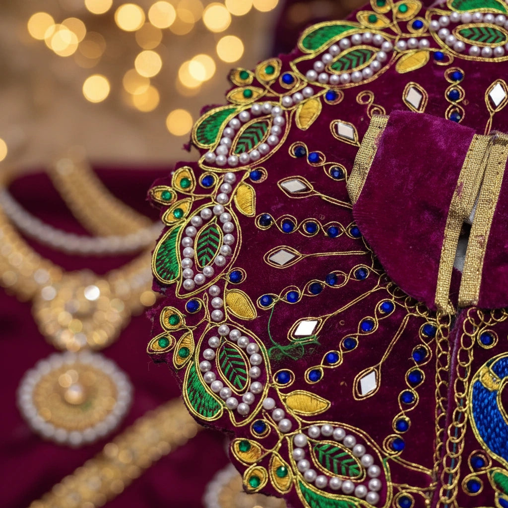 Maroon Designer Peacock Velvet Poshak for Thakur Ji – Heavy Embroidered Dress