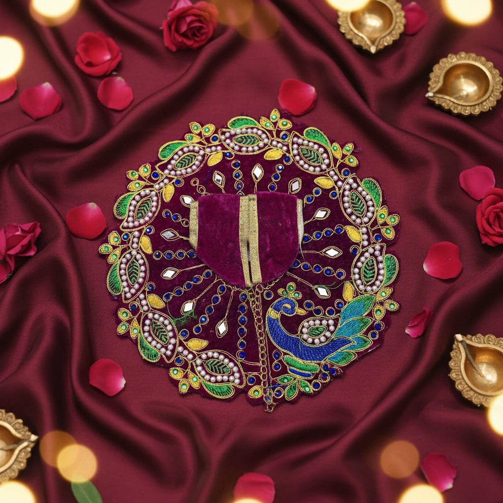 Maroon Designer Peacock Velvet Poshak for Thakur Ji – Heavy Embroidered Dress