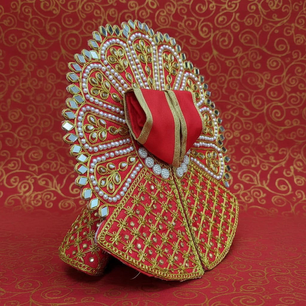 Red Laddu Gopal Poshak with Heavy Zari, Pearl & Mirror Work
