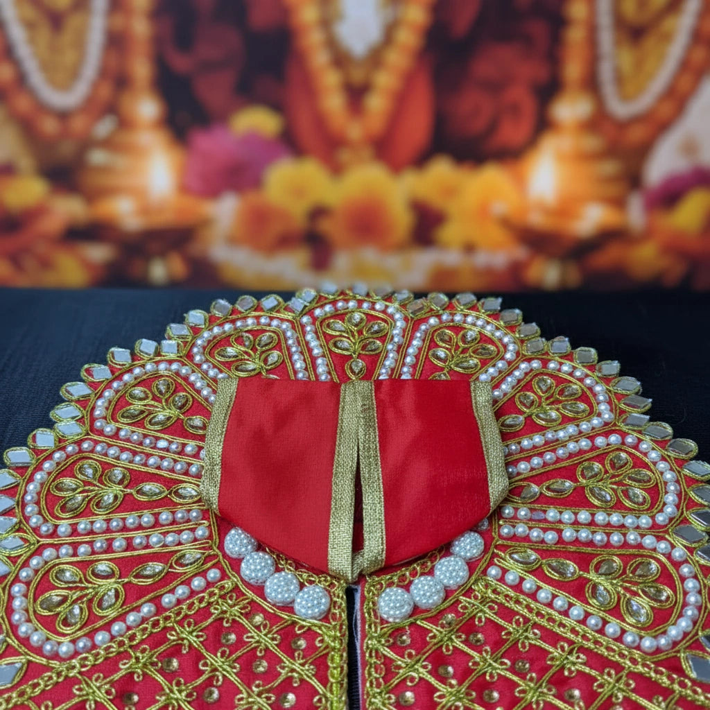 Red Laddu Gopal Poshak with Heavy Zari, Pearl & Mirror Work