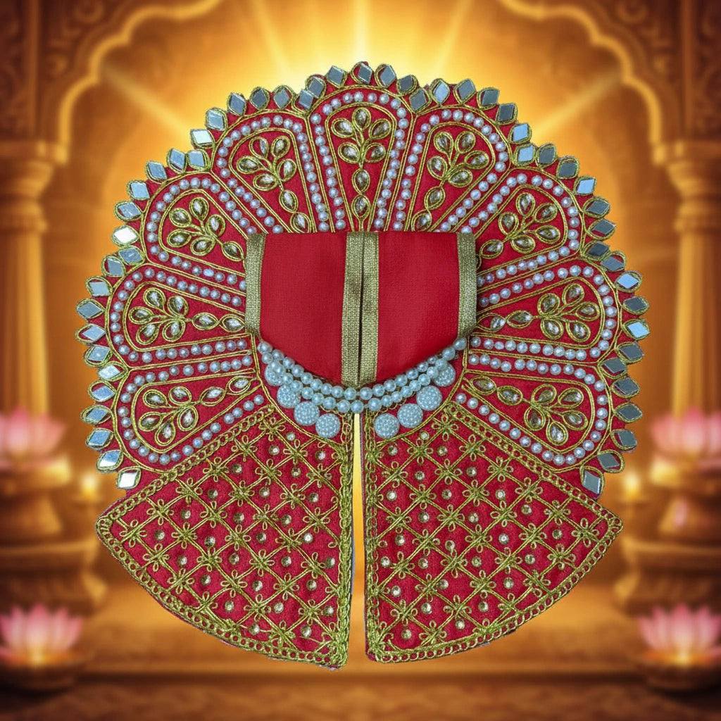 Red Laddu Gopal Poshak with Heavy Zari, Pearl & Mirror Work