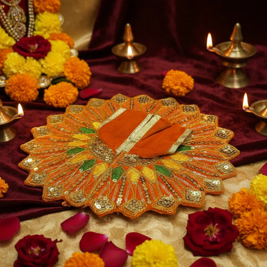 Ladoo Gopal Poshak Orange Velvet Peacock Poshak | Krishna Ji Warm Shringar