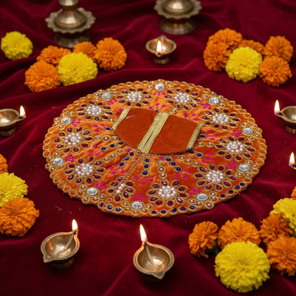 Premium Orange Velvet Dress for Ladoo Gopal Ji – Heavy Stone Floral Embroidered Poshak