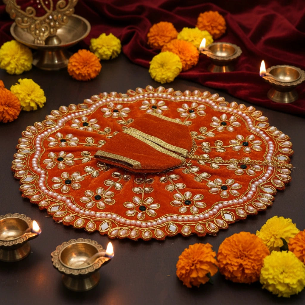 Heavy Stone Embroidered Orange Velvet Poshak  for Ladoo Gopal Ji