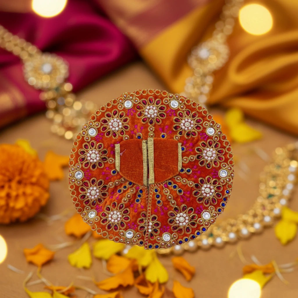 Premium Orange Velvet Dress for Ladoo Gopal Ji – Heavy Stone Floral Embroidered Poshak