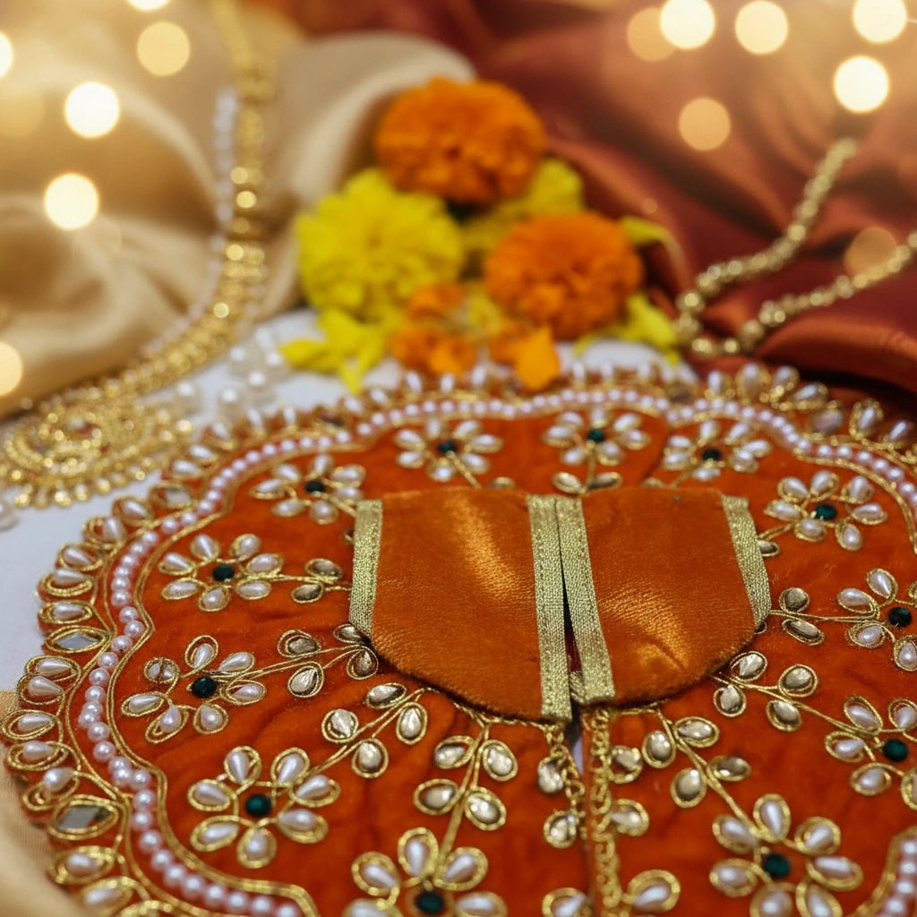 Heavy Stone Embroidered Orange Velvet Poshak  for Ladoo Gopal Ji