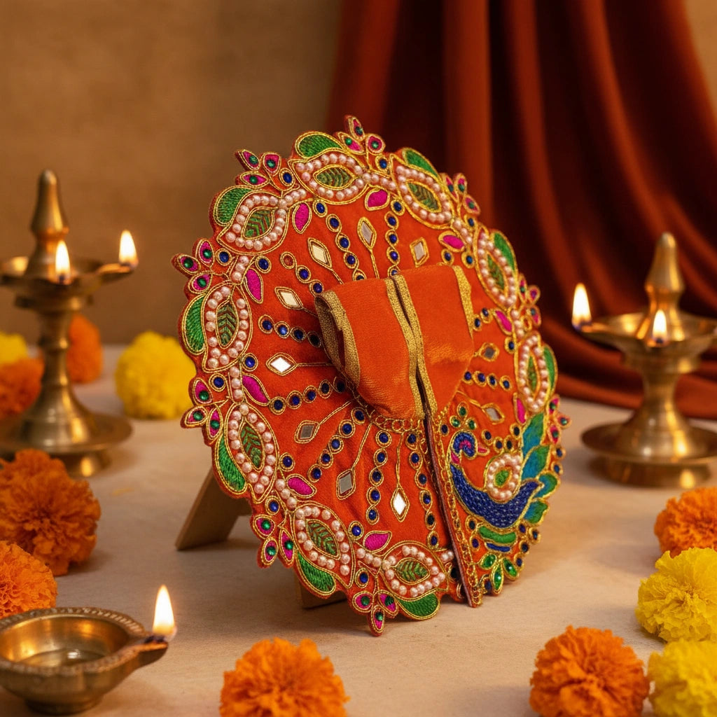 Orange Velvet Poshak for Thakur Ji – Designer Peacock Heavy Embroidered Dress