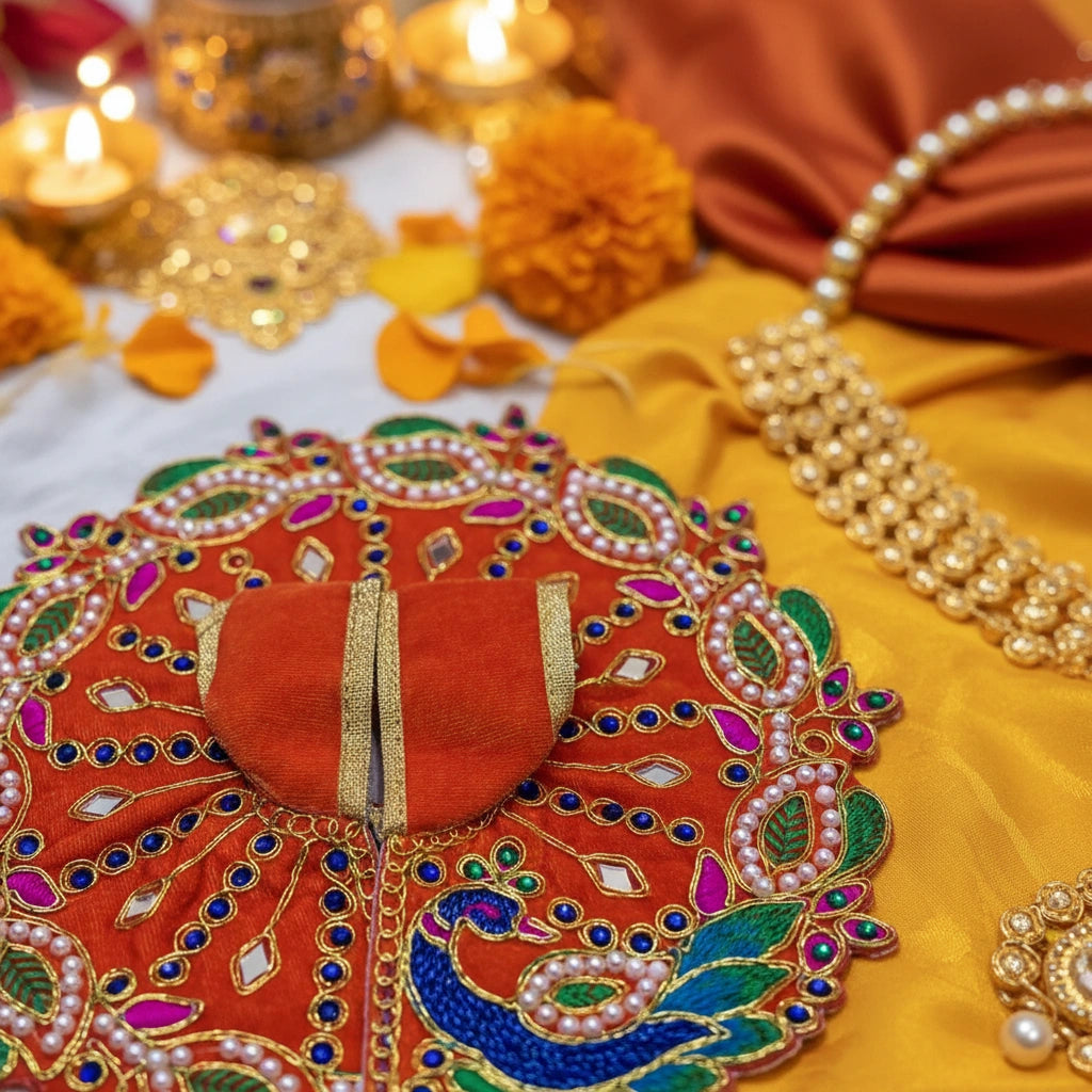 Orange Velvet Poshak for Thakur Ji – Designer Peacock Heavy Embroidered Dress