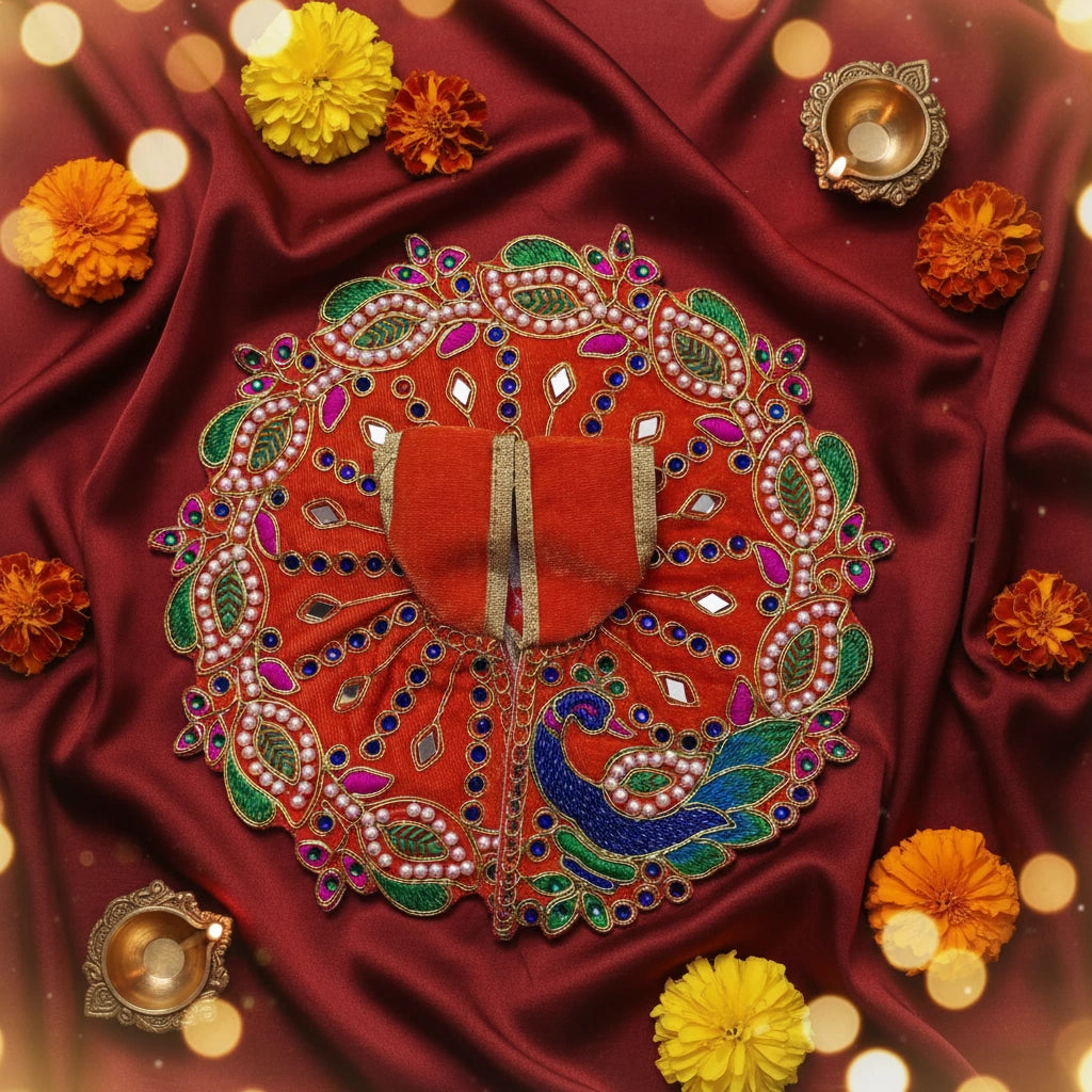 Orange Velvet Poshak for Thakur Ji – Designer Peacock Heavy Embroidered Dress