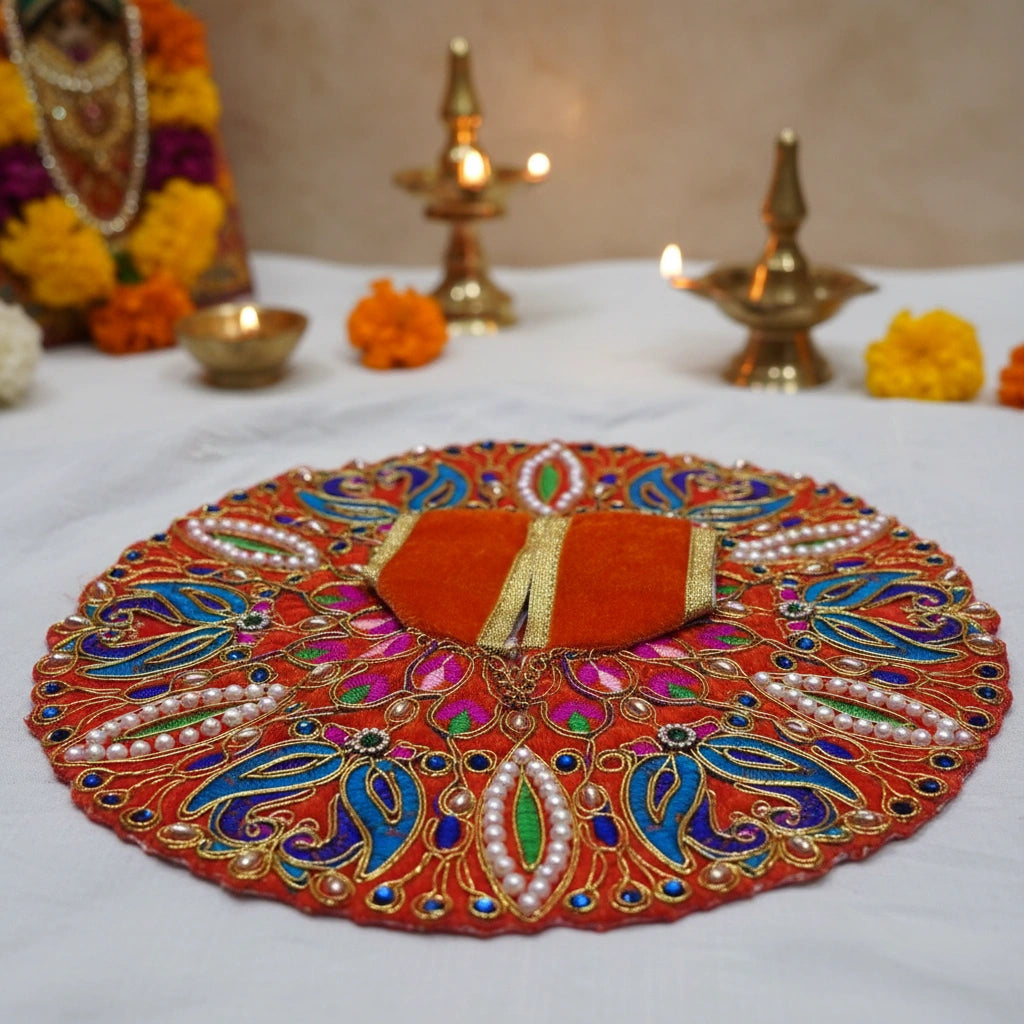 Classic Orange Poshak  for Ladoo Gopal Ji – Velvet Peacock Embroidered Poshak