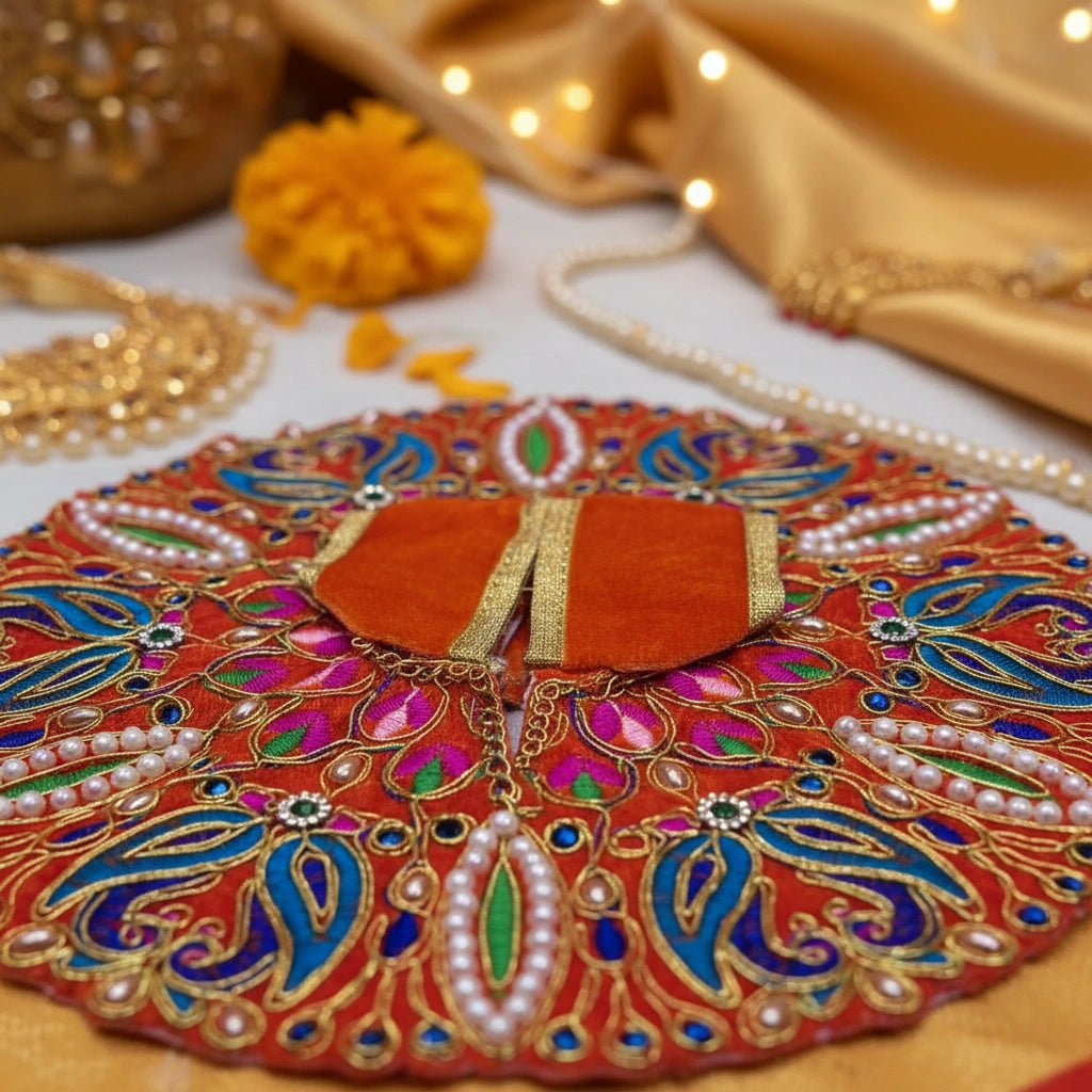 Classic Orange Poshak  for Ladoo Gopal Ji – Velvet Peacock Embroidered Poshak