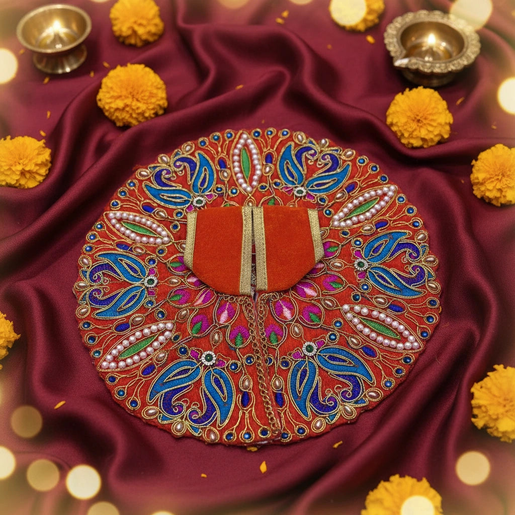 Classic Orange Poshak  for Ladoo Gopal Ji – Velvet Peacock Embroidered Poshak