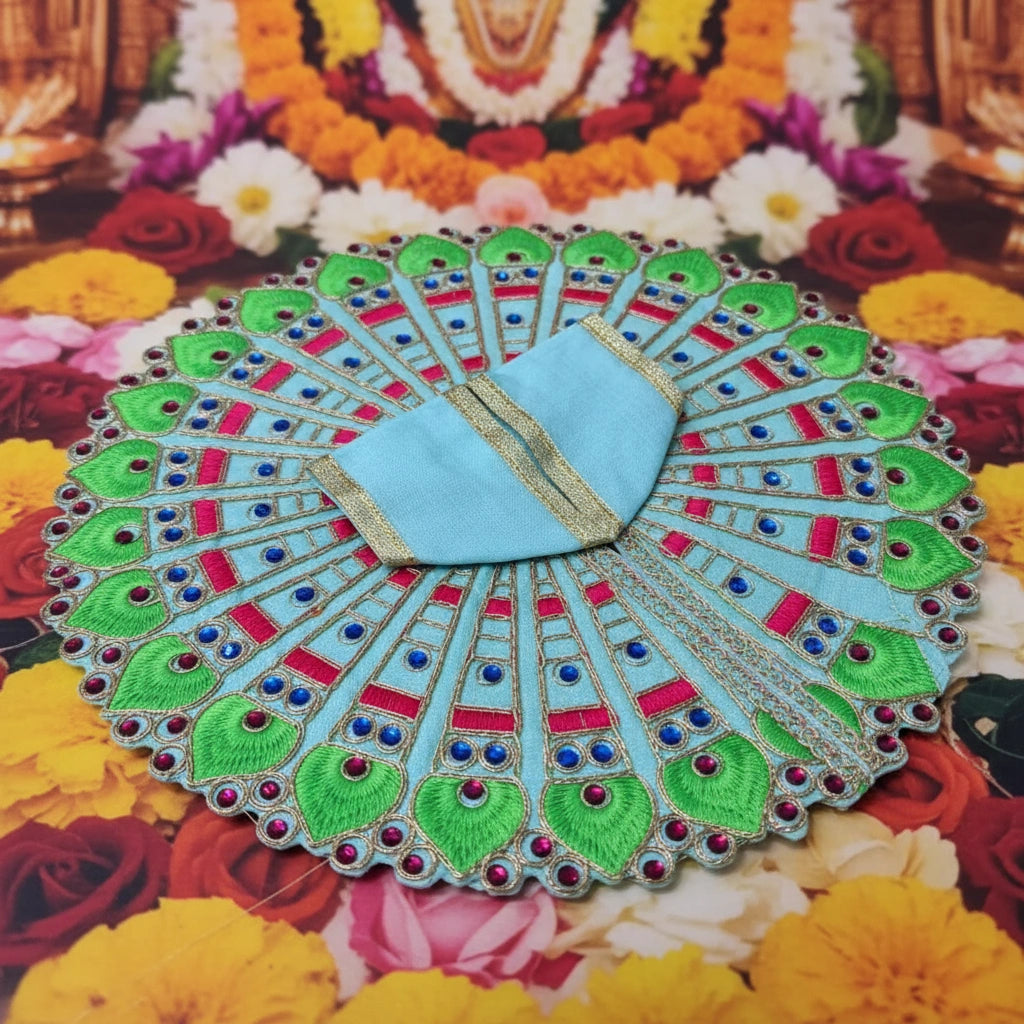 Sky Blue & Green Peacock Embroidered Laddu Gopal Ji Poshak
