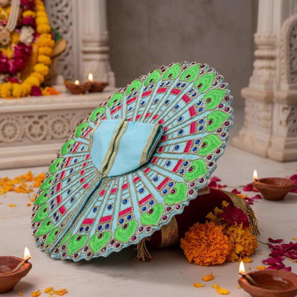 Sky Blue & Green Peacock Embroidered Laddu Gopal Ji Poshak