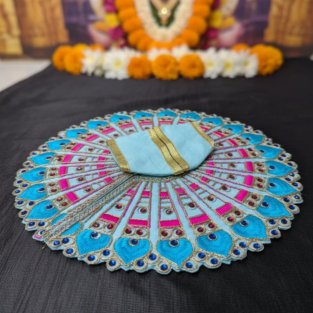 Sky Blue Peacock Embroidered Laddu Gopal Ji Poshak