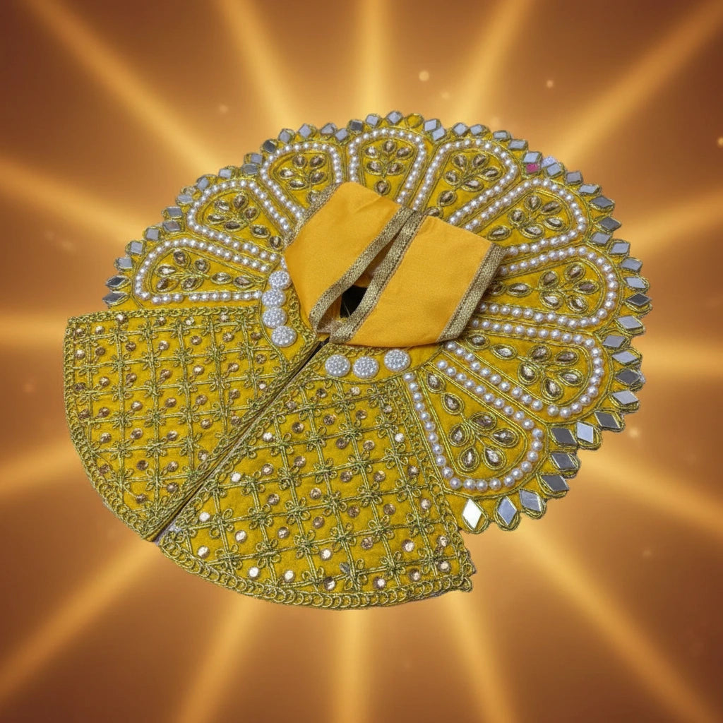 Yellow Laddu Gopal Poshak with Heavy Zari, Pearl & Mirror Work